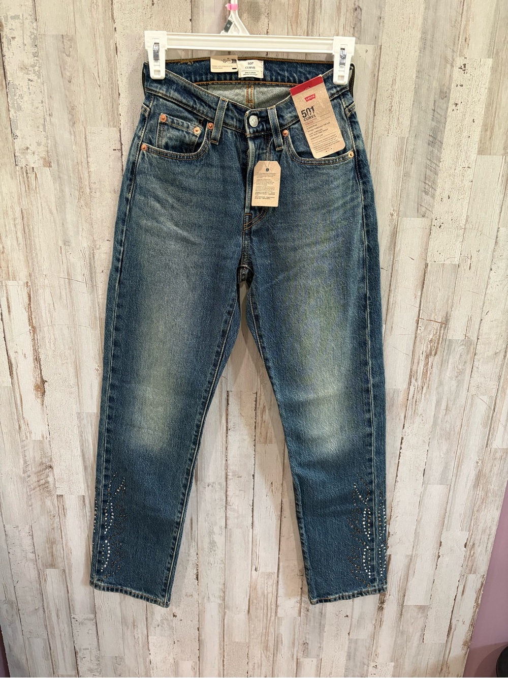 NWT‎ Levi’s 501 Curve Women’s Jeans 24x30 Stretch Straight Leg Rhinestone Studs